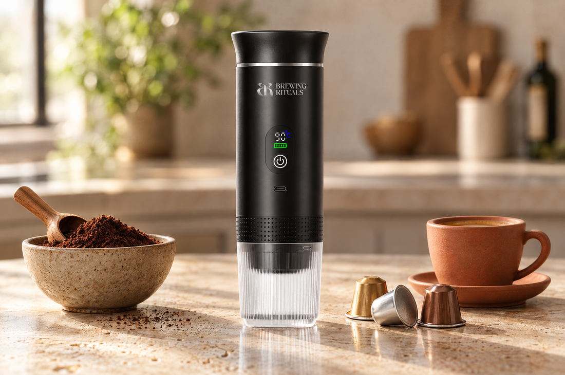 Brewing Rituals portable espresso maker between a bowl of ground coffee and Nespresso-compatible espresso capsules