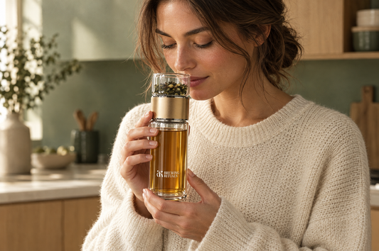 Young woman holding a Brewing Rituals double-glass tea infuser steeping loose-leaf tea in a bright kitchen