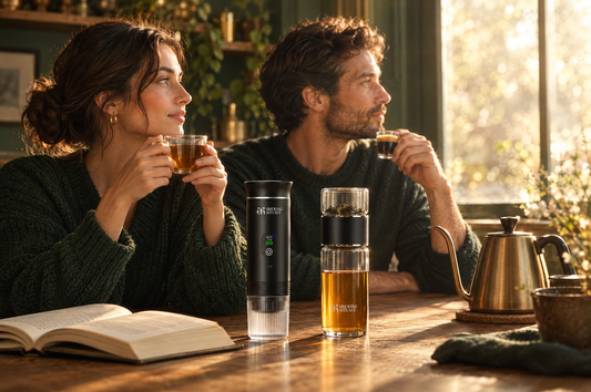 Two adults enjoying a quiet morning with coffee and tea beside the Brewing Rituals espresso maker and Alchemist tea infuser.