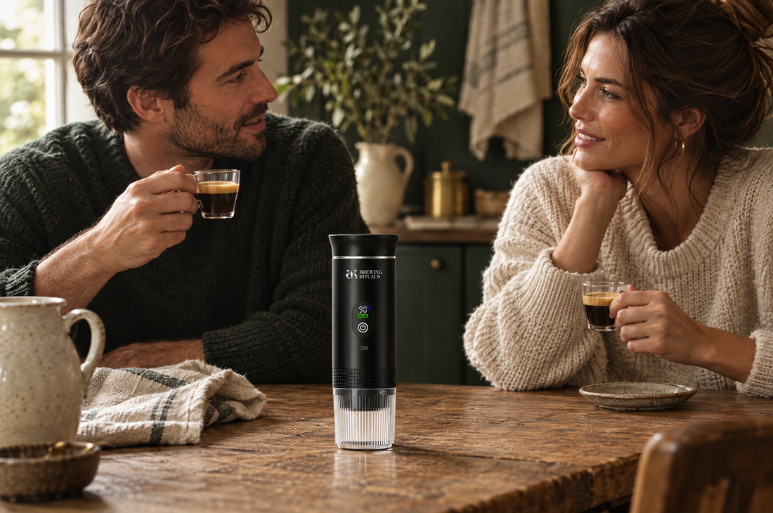 Brewing Rituals portable espresso maker product shot with water droplets