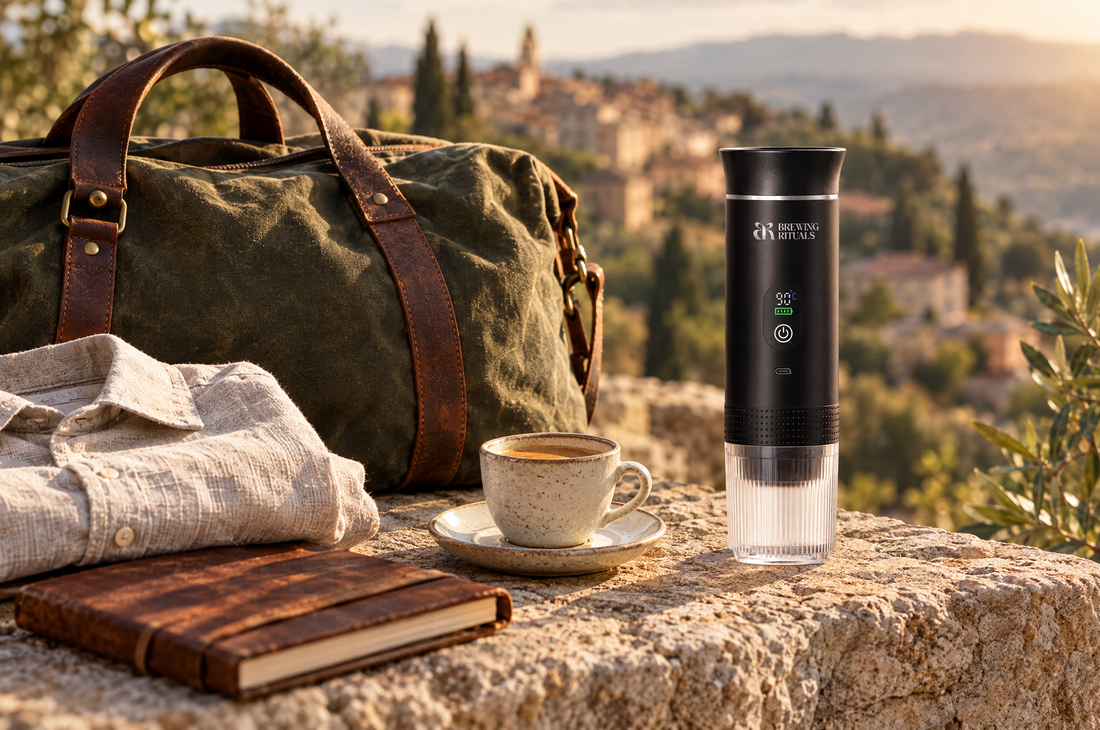 Self-heating portable espresso maker beside a fresh espresso, a travel bag and a notebook on a sunlit stone terrace