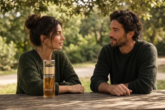 Woman in a green sweater and a dark-haired man talking outdoors with an Alchemist Bottle of amber tea on the table