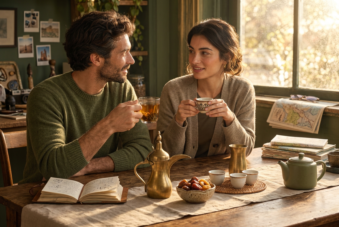 Man and woman sharing drinks at a sunlit wooden table with a brass dallah, small coffee cups, dates and a ceramic teapot